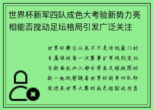 世界杯新军四队成色大考验新势力亮相能否搅动足坛格局引发广泛关注